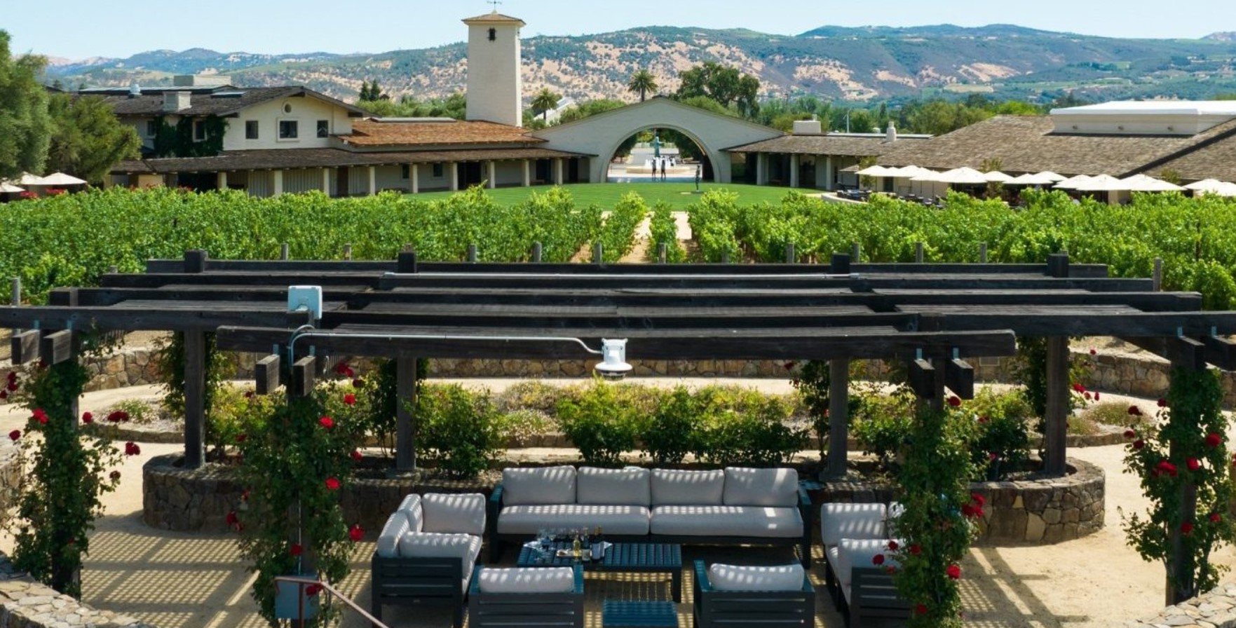 Outdoor panoramic view of the terrace and Robert Mondavi winery and vineyards