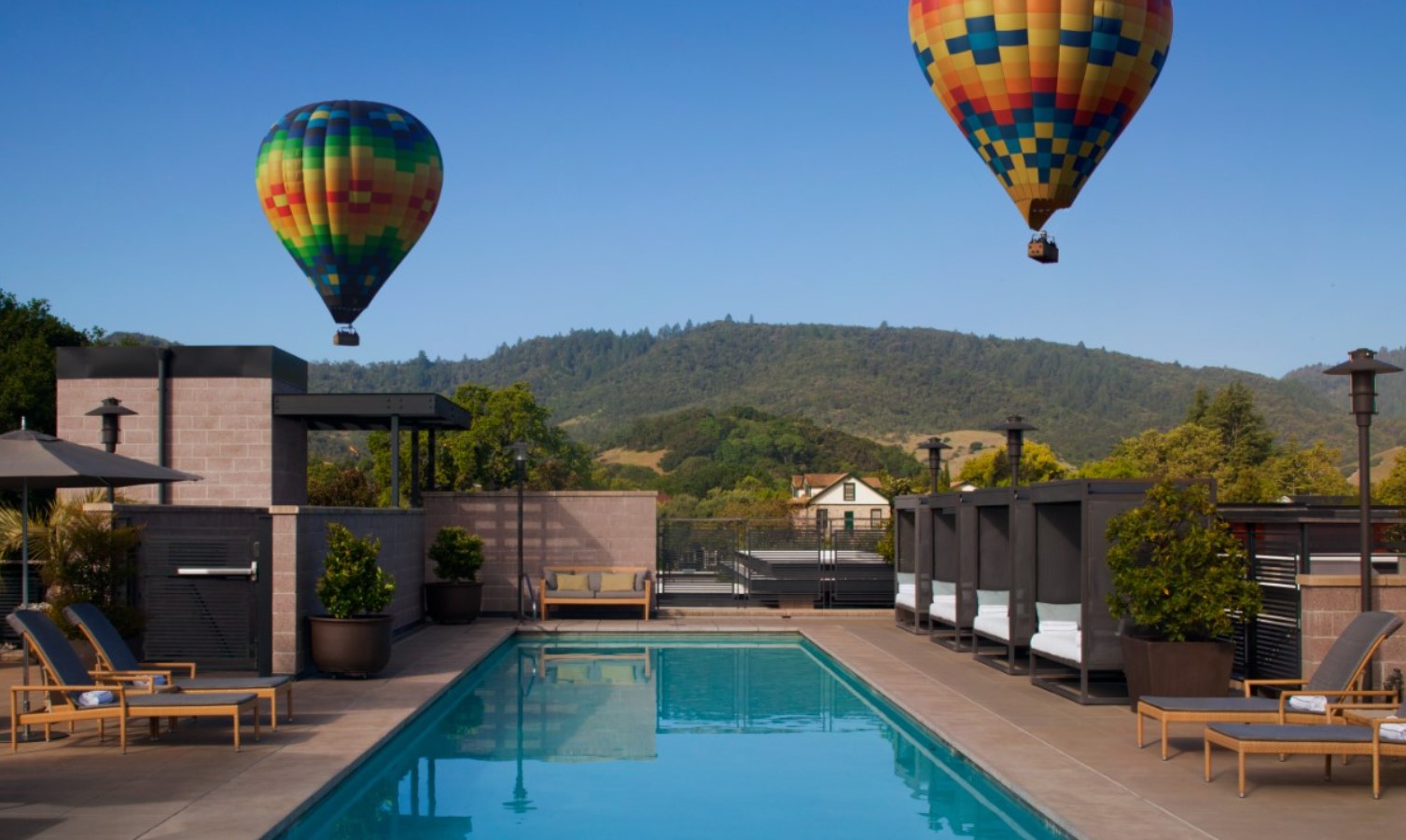 Outdoor pool and hot air balloon view of the Bardessono Hotel and Spa