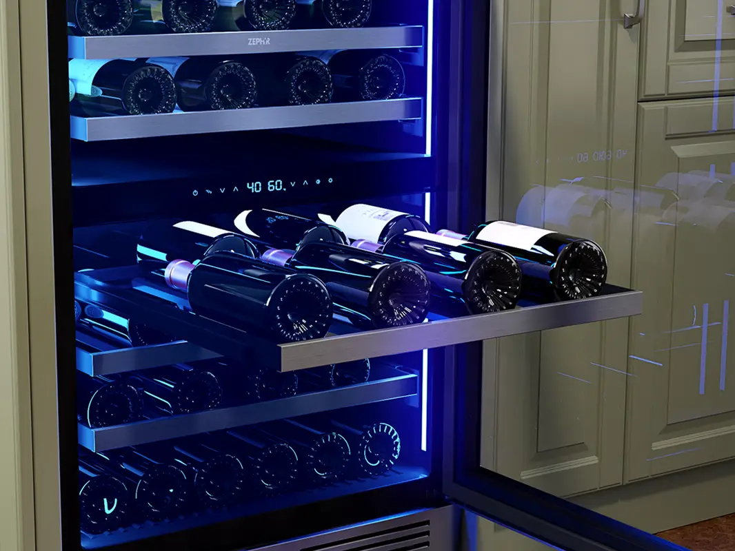 Zephyr dual zone wine fridge with racks and wine bottles