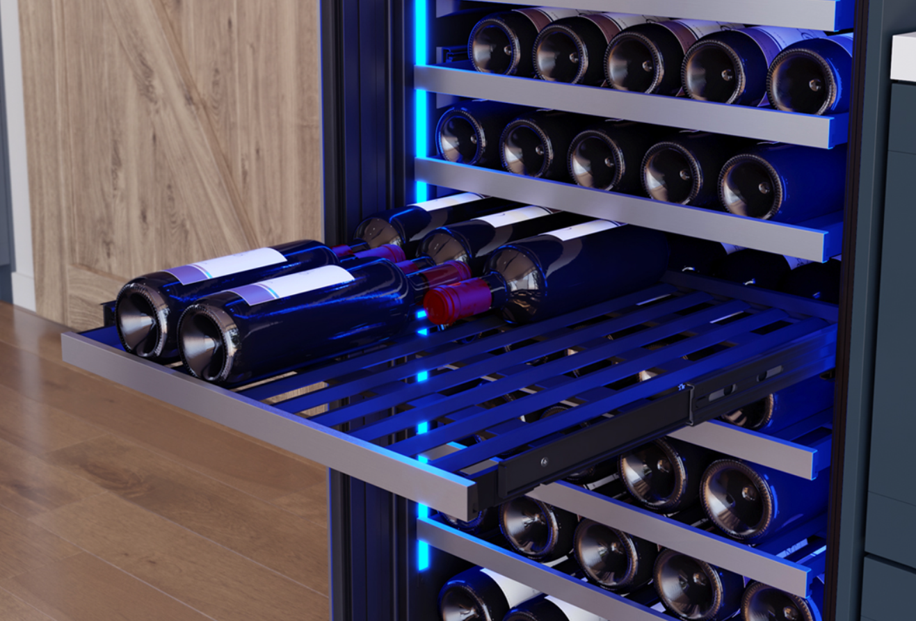 Zephyr Dual Zone Wine Fridge Full-Extension, Black Wood Racks With Stainless Steel Trim