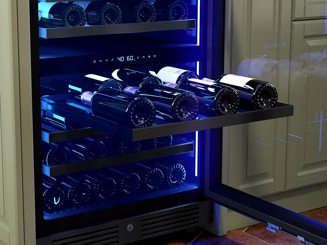 Zephyr Presrv Dual Zone Wine Cooler with wine bottles on the racks displayed