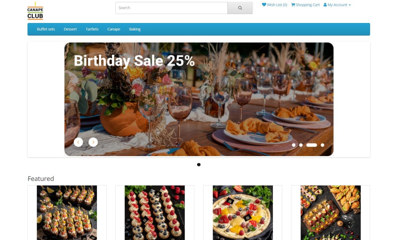 Canape Club landing page with gourmet food delivery service presented