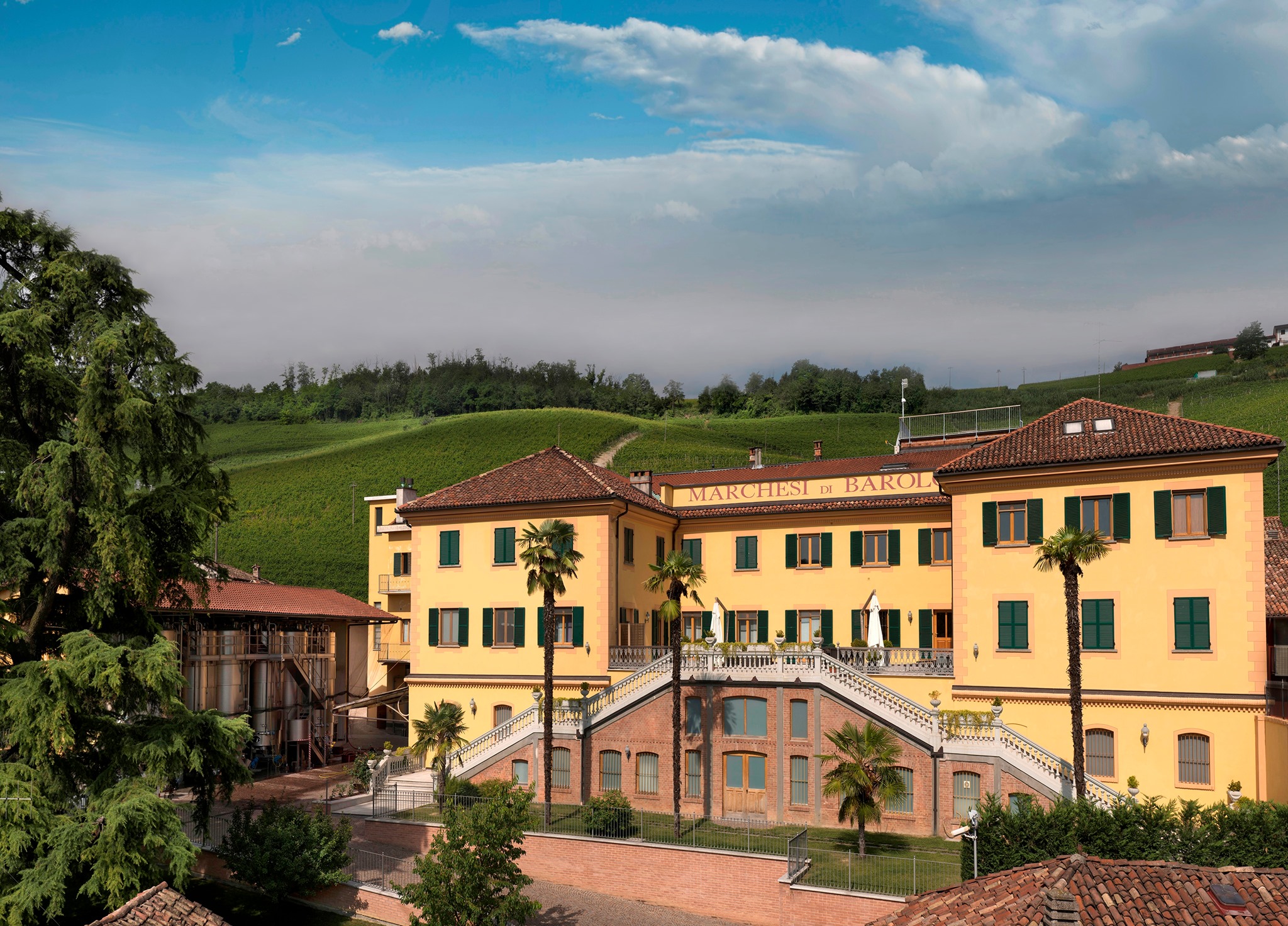 Marchesi di Barolo outdoor view of the winery and surrounding vineyards